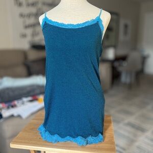 Y2K AEO Tank Top Women L Blue Stripes Lace Cami Tank Top Coquette Preppy